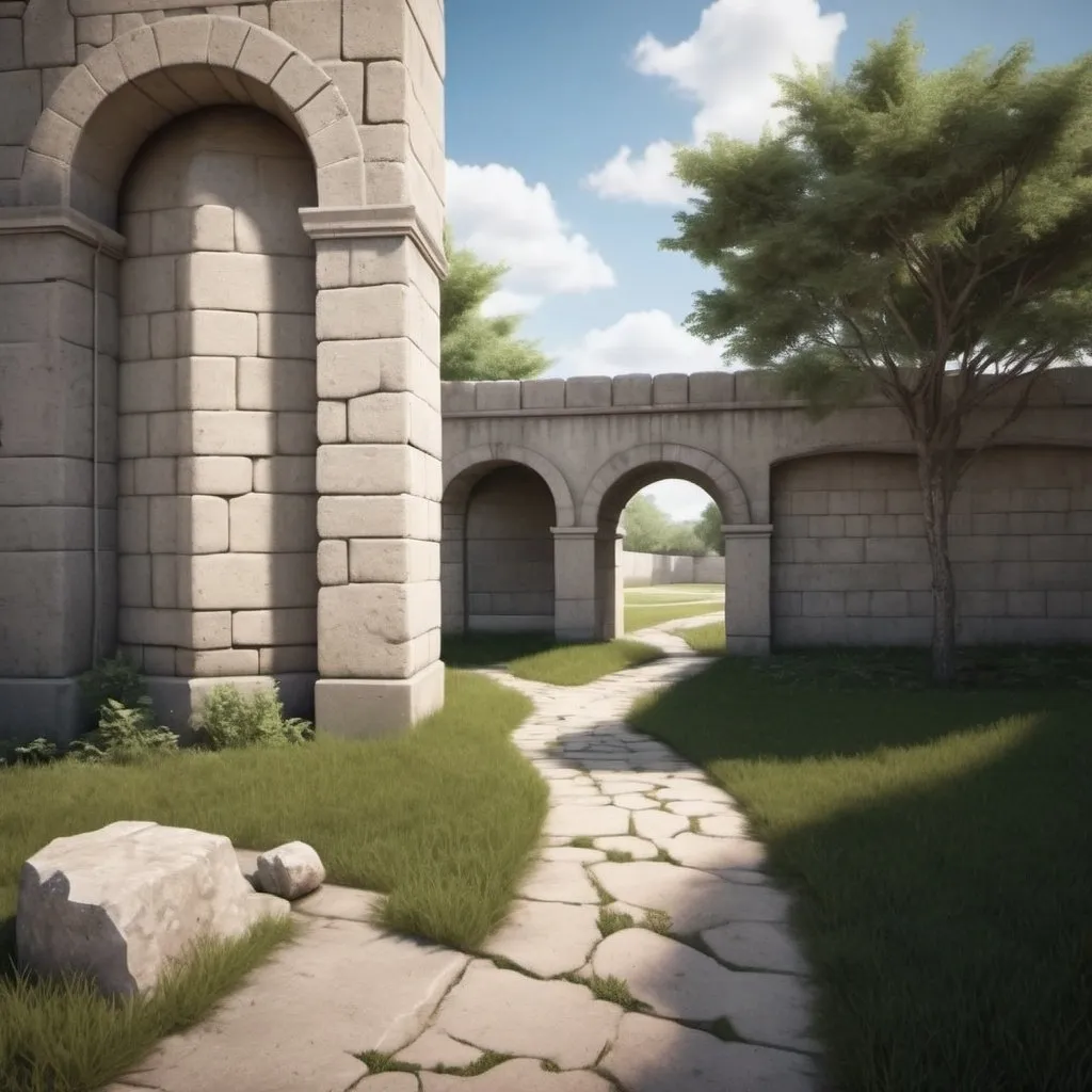 Prompt: Behind the back corner of a concrete building to the left, a stone path leads through a single arch, photo, realistic, landscape 