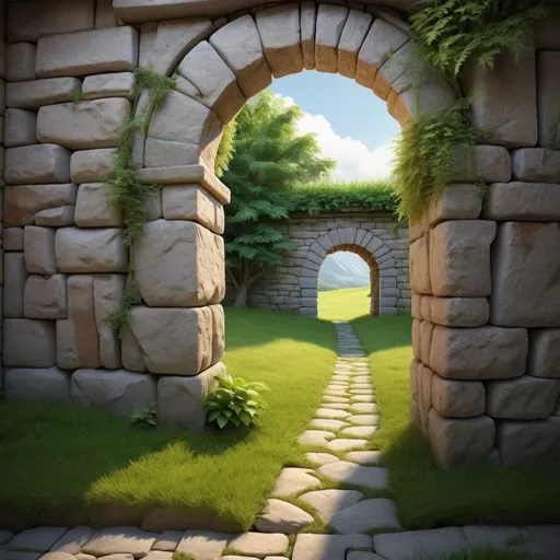 Prompt: Stone path in grass, leading to an archway in a wall, wall connected  tô building, behind the back corner of building, high quality, detailed, realistic,   natural lighting, landscape