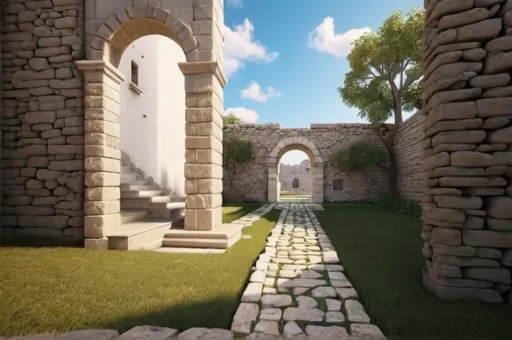 Prompt: Behind the back corner of a building to the left, a stone path leads through an arch, photo, realistic, landscape 