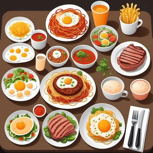 Prompt: create a menu image that include spaghetti
eggs
steak
french fries
salad
soup. the picture should use drawing style that suitable for young learner efl