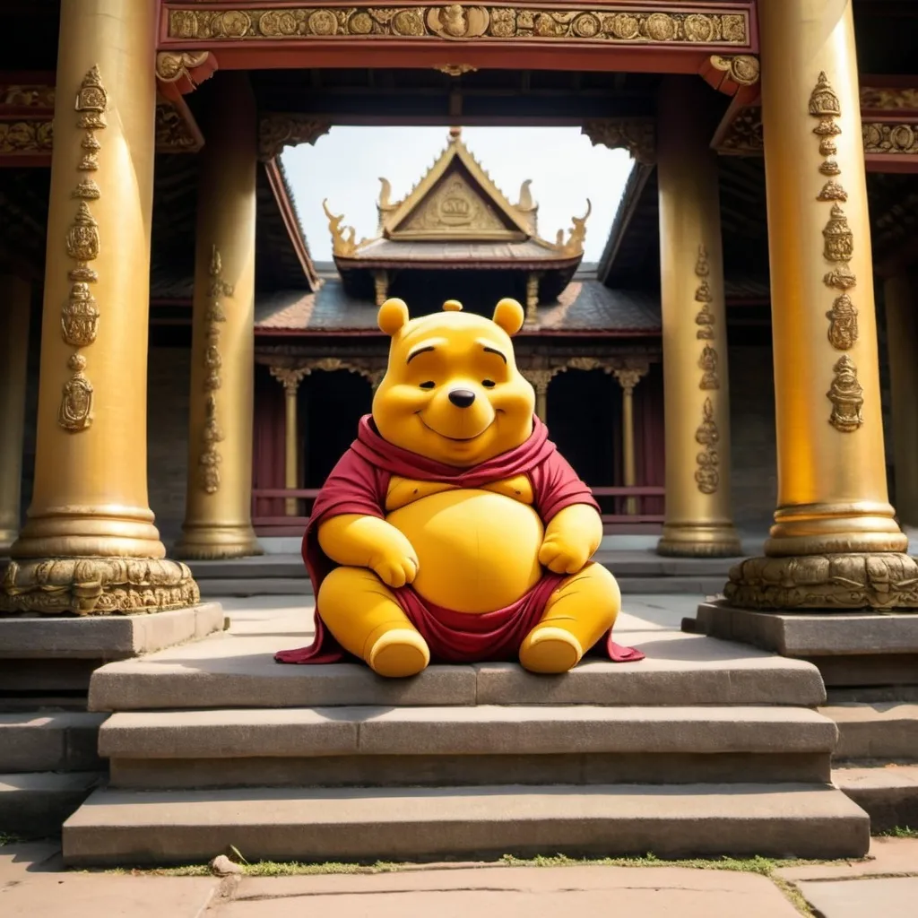 Prompt: winnie the pooh as Buddha sitting in a temple 