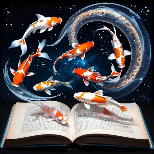 Prompt: koi fish swimming in spirals in galaxy waters and being projected from a book