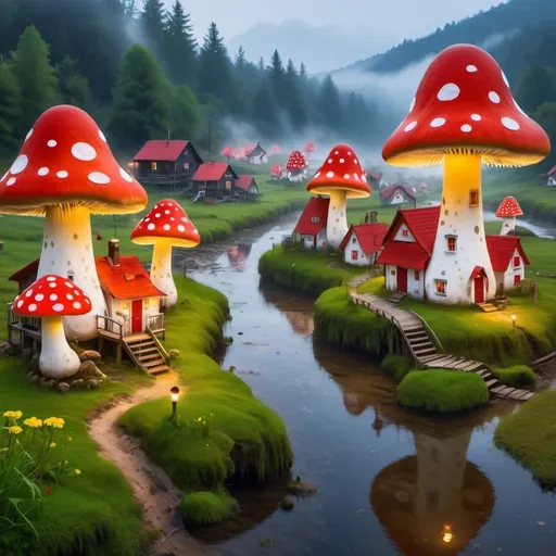 Prompt: small settlement, foggy, cute mushroom shaped houses with red and white dots, mossy fields, clear water river nearby, cinematic scenery, vibrant fireflies