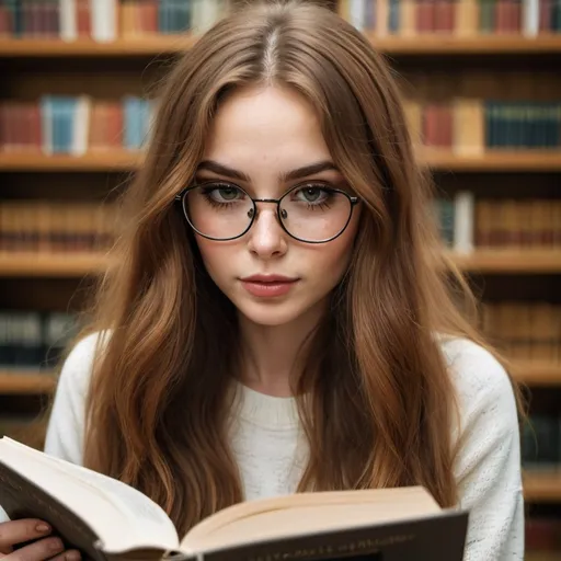 Prompt: russian woman with light brown reddish long hair in middle part, big brown eyes with black eyelashes, fuller lips, little bit freckles, and cat style black eyeglasses, reading a book in a library