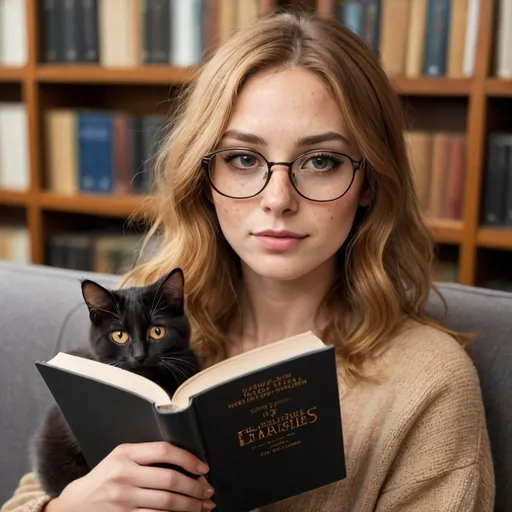 Prompt: woman with light brown golden hair in middle part lower than shoulder length, brown eyes with big black eyelashes, few freckles on nose, fuller lips, and cat eye style black glasses sitting on a couch in a library room holding a book