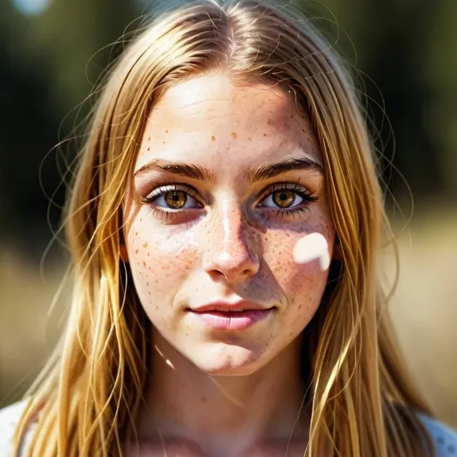 Prompt: young woman with golden hair in middle part, brown eyes, little bit of freckles