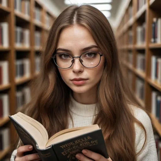 Prompt: russian woman with light brown reddish long hair in middle part, brown eyes with black eyelashes, fuller lips, little bit freckles, and cat style black eyeglasses, reading a book in a library