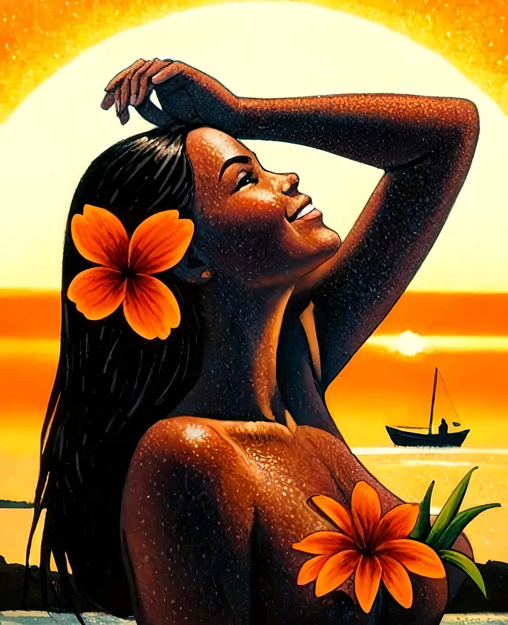 Prompt: a smiling tanned woman with a flower in her hair is standing in front of a sunset and a boat on the water, Edwin Georgi, figurative art, sun, a pointillism painting