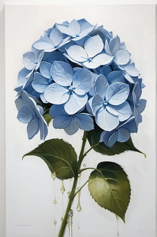 Prompt: (Blue hydrangeas), oil painting, (floating in air), white background, softly luminous, tranquil ambiance, (highly detailed), brushstroke texture, serene elegance, delicate petals, artistic masterpiece, vibrant yet calming color tones, balancing composition, background minimalism, ultra-Detailed, natural beauty encapsulated, ethereal quality, brush strokes