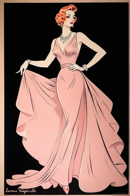 Prompt: (retro hand-drawn fashion jewelry advertisement poster), (Leonetto Cappiello style), full body, black background, pastel pink dress