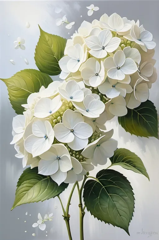 Prompt: Two (white hydrangeas), oil painting, (floating in air), white background, softly luminous, tranquil ambiance, (highly detailed), brushstroke texture, serene elegance, delicate petals, artistic masterpiece, vibrant yet calming color tones, balancing composition, background minimalism, ultra-Detailed, natural beauty encapsulated, ethereal quality, brush strokes