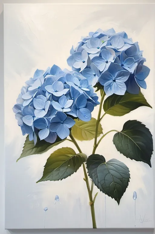 Prompt: Two (Blue hydrangeas), oil painting, (floating in air), white background, softly luminous, tranquil ambiance, (highly detailed), brushstroke texture, serene elegance, delicate petals, artistic masterpiece, vibrant yet calming color tones, balancing composition, background minimalism, ultra-Detailed, natural beauty encapsulated, ethereal quality, brush strokes