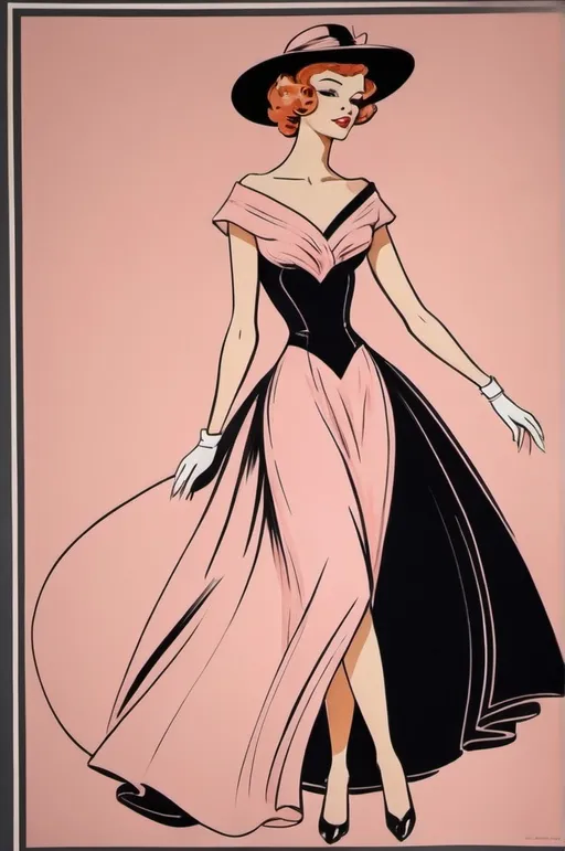 Prompt: (retro hand-drawn fashion advertisement poster), (Leonetto Cappiello style), full body, black background, pastel Pink dress detail