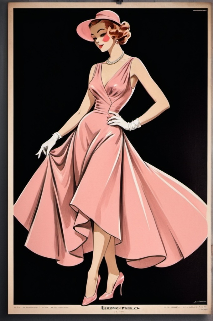 Prompt: (retro hand-drawn fashion advertisement poster), (Leonetto Cappiello style), full body, black background, pastel Pink dress