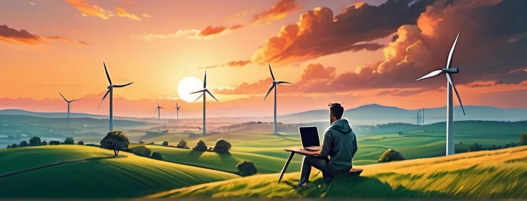 Prompt: Create an image the size of 1,584 × 396 px. It should be a digital nomad with a laptop on a hill looking at a wind farm