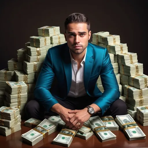 Prompt: Guy sitting with piles of cash, luxurious setting, high quality, realistic, detailed facial expression, vibrant and rich colors, dramatic lighting