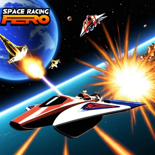 Prompt: A space racing video game similar to F-zero and Xtreme G where space vehicles are escaping an exploding Earth in the background
