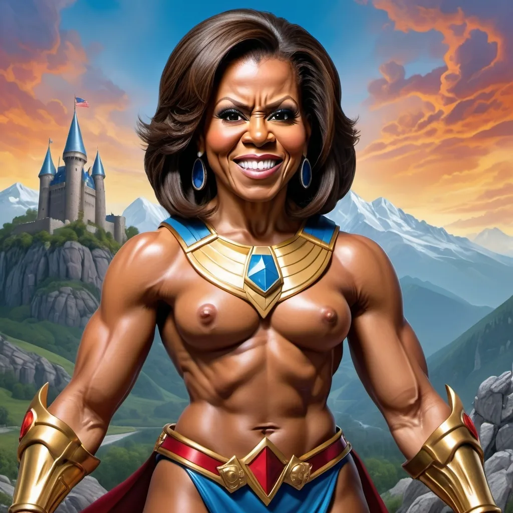 Prompt: Michelle Obama Caricature that resembles He-Man but with Michelle Obama's Face