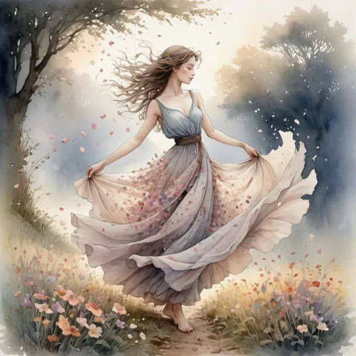 Prompt: A beautiful, graceful young girl dressed in a long, flowing dress made up of beautiful flowers and flower petals, dancing, flowing, graceful, streams in the countryside, misty, early morning light, gorgeous sunrise through the mist, watercolor, pen and ink, style of Jean-Baptiste Monge
A whimsical painting of a woman amidst swirling, floral patterns with pastel colors blending into darker hues.