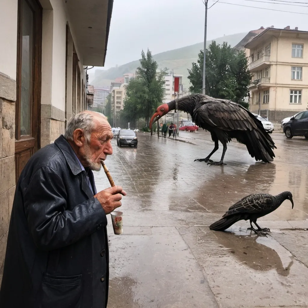 Prompt: Tbilisi full of giant birds and Huge worms. Rain is pouring down. Old man smoking nearby