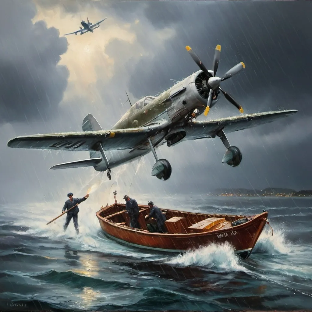 Prompt: Oil painting of a plane fighting with a boat in the rain