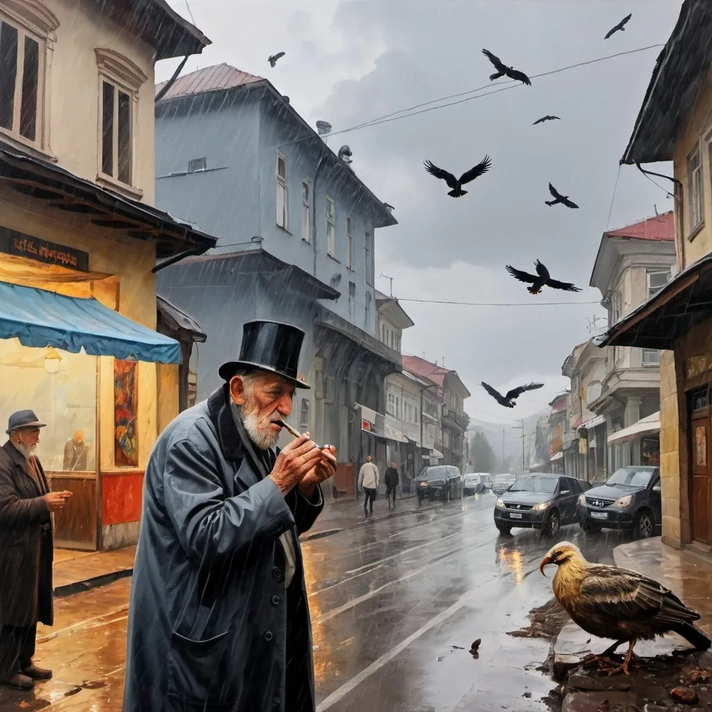 Prompt: Oil painting of Tbilisi full of giant birds and Huge worms. Rain is pouring down. Old man smoking a cigarette, near worms.