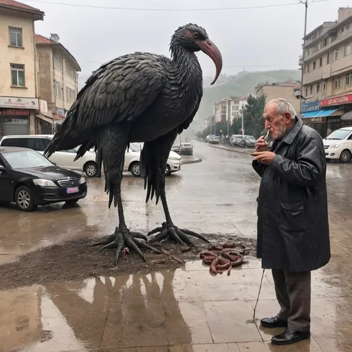 Prompt: Tbilisi full of giant birds and Huge worms. Rain is pouring down. Old man smoking nearby