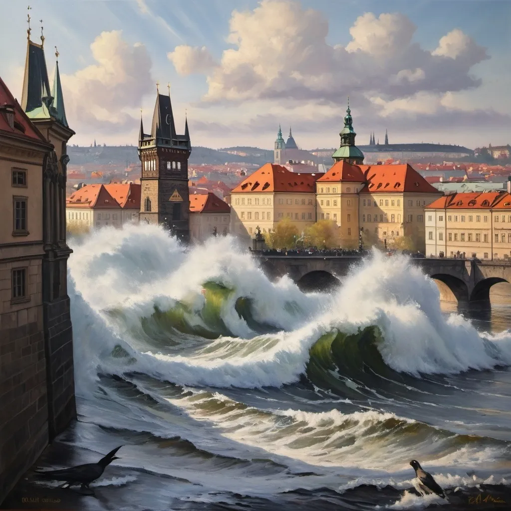 Prompt: Oil painting of Giant waves in Prague. birds eating flesh nearby.