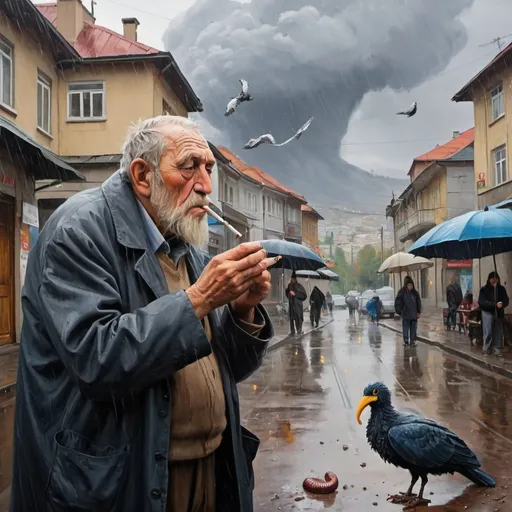 Prompt: Oil painting of Tbilisi full of giant birds and Huge worms. Rain is pouring down. Old man smoking a cigarette, near worms.