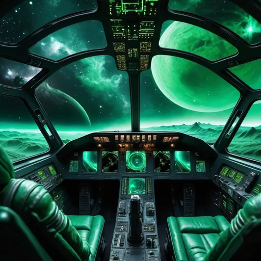 Prompt: (empty cockpit) (alien design), swirling green smoke permeating the cockpit, cosmic space backdrop filled with sparkling stars and distant galaxies, otherworldly and atmospheric, eerie yet mesmerizing, glowing green hues contrasting with dark vastness, ultra-detailed, high definition, invites viewers into an alien world, invoking curiosity and wonder.