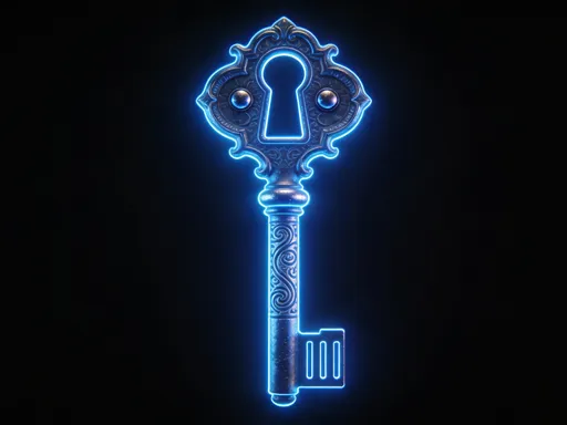 Prompt: This image is a CGI digital rendering of a blue key that is entirely neon-lit against a completely black background. It is 1 meter tall in proportion to its surroundings. The key has a complex design in a vintage, ornate style, with a prominent decorative upper section that includes a central rectangular cutout with rounded edges and a symmetrical pattern. The body of the key is cylindrical, and the entire body emits a vibrant electric blue light that casts a soft glow, highlighting its textured surface, which appears to feature subtle, ancient swirling patterns. The upper part of the key, located at the top, is adorned with small circular details on either side of the central cutout. The lock at the bottom is detailed with three vertical notches, adding to its antique look. The overall style of the key is reminiscent of Victorian or Gothic designs, but with a modern and futuristic twist due to the luminous effect. The striking contrast between the bright blue key and the dark background makes the key the focal point of the image, emphasizing its luminous and supernatural character. The image exudes a sense of mystery and enchantment, as if the key were a magical or ancient artifact.