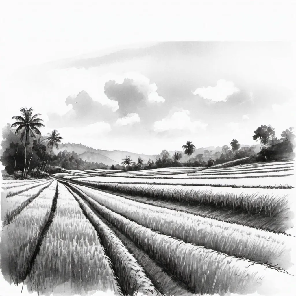 Prompt: Coorg landscape with paddy fields sketch