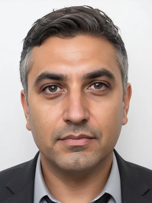 Prompt: a man with a gray shirt and a gray shirt on a white wall and a black tie on his neck, Caesar Andrade Faini, dau-al-set, professional photo, a character portrait