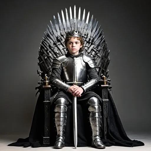 Prompt: Sitting young 15 years old king on Game of Thrones from the movie, white background, detailed throne made from swords, high quality, realistic, dramatic lighting from right side, king's crown, historic, authoritative, dressed in black armor suit, whole body 