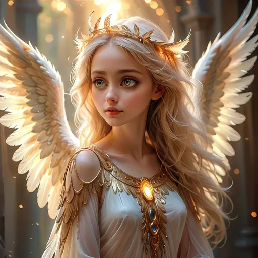 Prompt: (angel with big eyes), side view, majestic wings spread, glowing halo, ethereal light, soft, serene ambiance, heavenly background with wispy clouds, vibrant, warm colors blending in a heavenly glow, (ultra-detailed), ornate feather details, divine presence, tranquil atmosphere, captivating expressions.