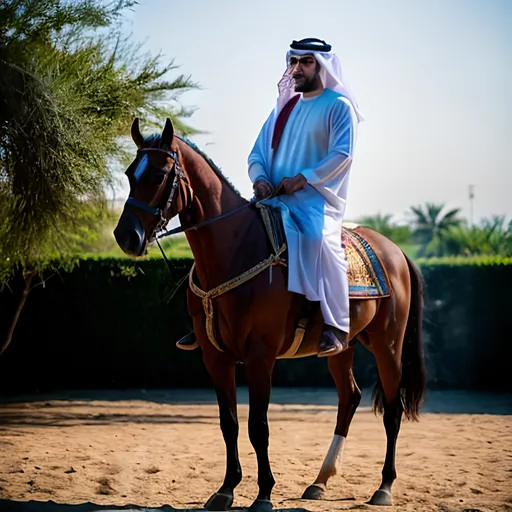 Prompt: An Arab man wearing Arabic clothes and holding a sword on a horse


