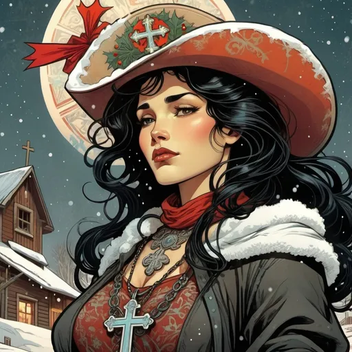 Prompt: Woman cowboy with russian cross necklace, black hair, Christmas farm, snowing, detailed, dark colors, dramatic, graphic novel illustration,  2d shaded retro comic book