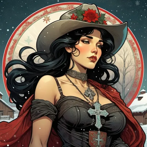 Prompt: Woman cowboy with russian cross necklace, black hair, Christmas farm, snowing, detailed, dark colors, dramatic, graphic novel illustration,  2d shaded retro comic book