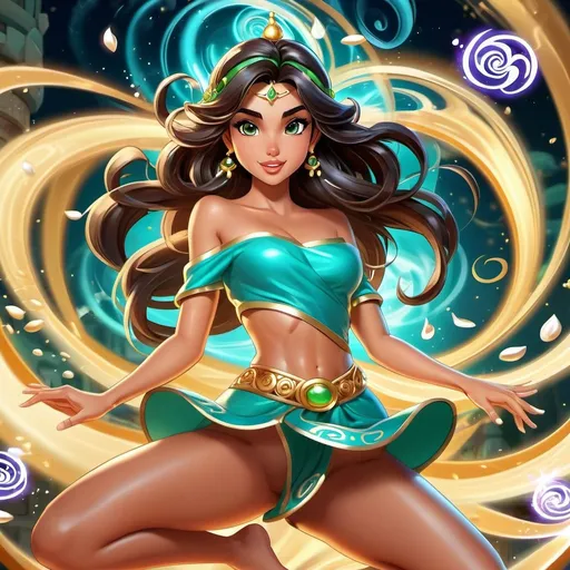 Prompt: Jasmine, human legs, fully human, surrounded by swirl of magic around waist,  attractive girl, supper hot, desirable, perfect body, perfect faces, ((perfect cheasts)), full body shot, animated, drawn