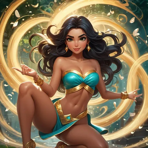 Prompt: Jasmine, human legs, fully human, surrounded by swirl of magic around waist,  attractive girl, supper hot, desirable, perfect body, perfect faces, ((perfect cheasts)), full body shot, animated, drawn