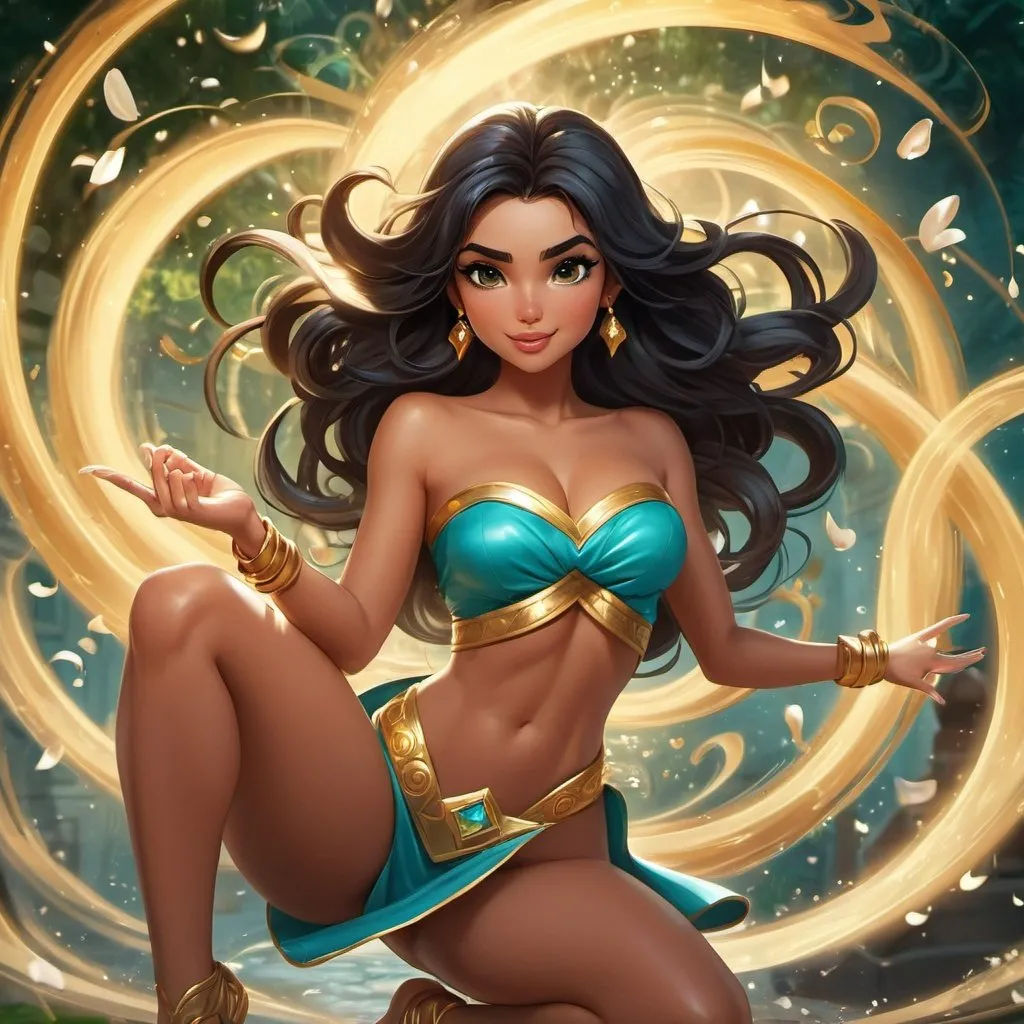 Prompt: Jasmine, human legs, fully human, surrounded by swirl of magic around waist,  attractive girl, supper hot, desirable, perfect body, perfect faces, ((perfect cheasts)), full body shot, animated, drawn