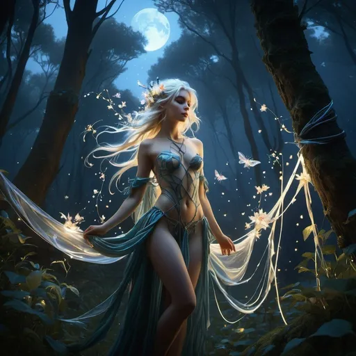 Prompt: Chiaroscuro, full-body painting of a beautiful pale-skinned night elf girl ((((no cloths)))), style of Fragonard and Yoshitaka Amano (light hair with flowers, messy), ropes, ((forest background)), bioluminescent, delicate, soft, fireflies, spiders, spider webs, webs, silk, threads, ethereal, luminous, glowing, dark contrast, celestial, ribbons, trails of light, 3D lighting, soft light, vaporware, volumetric lighting, occlusion, Unreal Engine 5 128K UHD Octane, fractal, pi, fBm, mandelbrot