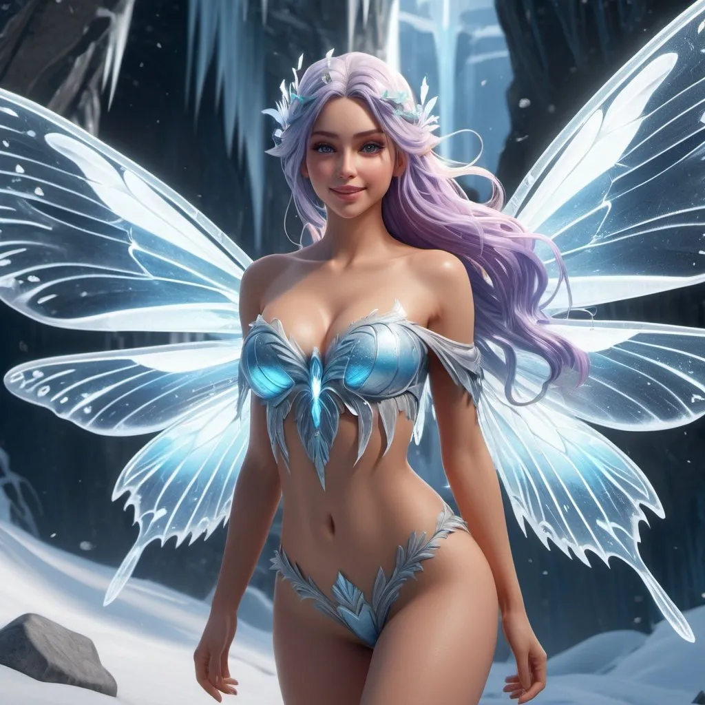 Prompt: ((ice fairy)), fantasy, young, glowing moth wings, long hair, pale skin, large chest, wearing shorts and off shoulder crop top, grin, icy landscape, thicc thighs, huge bum, thigh gap, symmetrically colored hair, perfect composition, hyperrealistic, super detailed, 8k, high quality, Splash art, front, epic Instagram, artstation, hyperdetailed intricately detailed, unreal engine, intricate detail, splash screen, complementary colors, concept art, 8k, heavy strokes, splash arts, full height, full body focus, showing skin, showing stomach