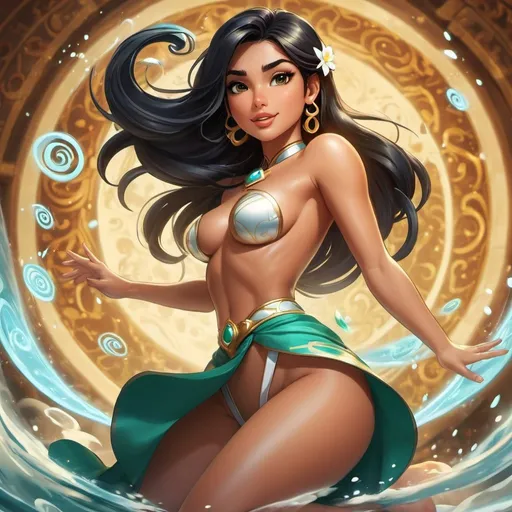 Prompt: Jasmine, human legs, fully human, surrounded by swirl of magic around waist,  attractive girl, supper hot, desirable, perfect body, perfect faces, ((perfect cheasts)), full body shot, animated, drawn, body pressed against a man 