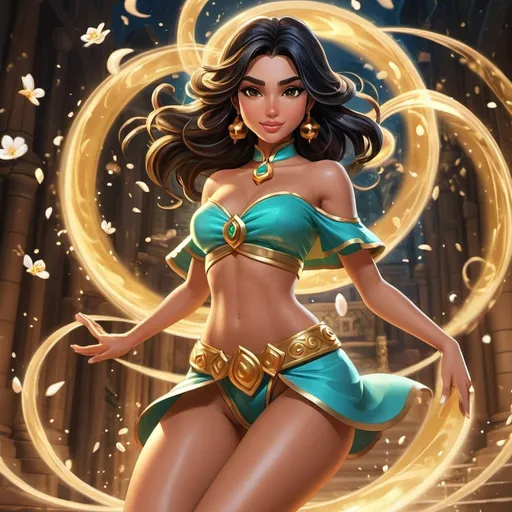 Prompt: Jasmine, human legs, fully human, surrounded by swirl of magic around waist,  attractive girl, supper hot, desirable, perfect body, perfect faces, ((perfect cheasts)), full body shot, animated, drawn