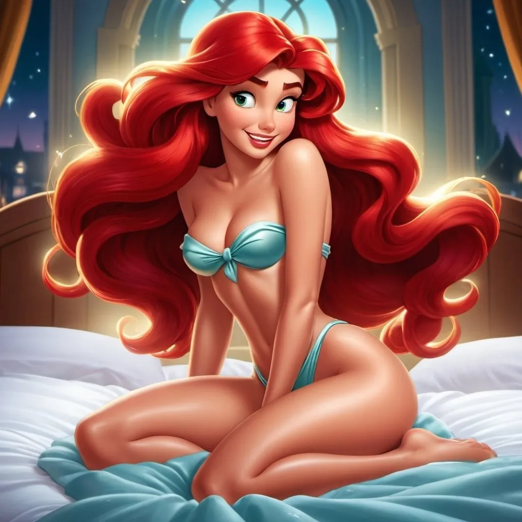 Prompt: The scene in little mermaid where Ariel gets her legs, human legs, fully human, surrounded by swirl of magic around waist,  attractive girl, supper hot, desirable, perfect body, perfect faces, ((perfect cheasts)), full body shot, annimated, in bed, tight clothes, clothes slipping off