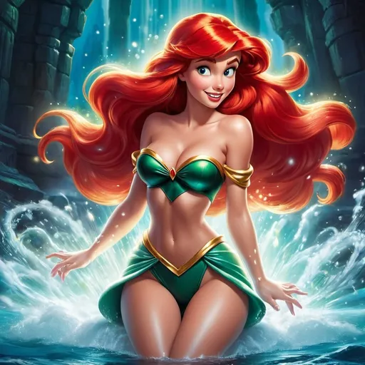 Prompt: The scene in little mermaid where Ariel gets her legs, human legs, fully human, surrounded by swirl of magic around waist,  attractive girl, supper hot, desirable, perfect body, perfect faces, ((perfect cheasts)), full body shot, annimated