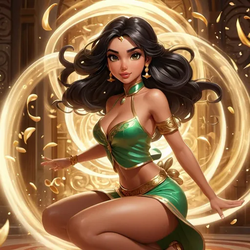 Prompt: Jasmine, human legs, fully human, surrounded by swirl of magic around waist,  attractive girl, supper hot, desirable, perfect body, perfect faces, ((perfect cheasts)), full body shot, animated, drawn, body pressed against a man 