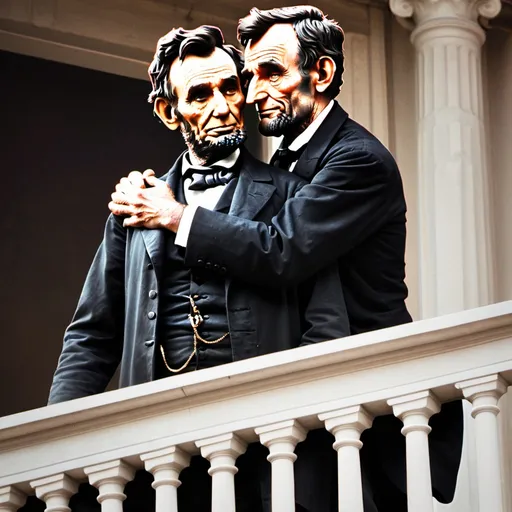 Prompt: Abraham Lincoln hugging Abraham Lincoln on a balcony zoomed out