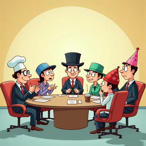 Prompt: In a brightly lit, whimsical conference room, seven distinct characters embodying the Six Thinking Hats are gathered around an oval table, engaged in an animated discussion. The thoughtful white chef hat, adorned with a pencil and notepad, leans forward with an air of contemplation. The ethical black top hat, polished and formal, adjusts his glasses as he weighs arguments. Beside him, the simple blue baseball cap exudes a casual charm, exuding carefree enthusiasm. The kind green bowler hat softly smiles, emanating warmth and encouragement. Across from them, the hip pink party hat, covered in confetti, gestures expressively, radiating creative energy. The cozy red beanie, decorated with snowflakes, adds a homey touch, thoughtfully sipping hot cocoa. The seventh character is not wearing a hat because he is presenting a design. The scene is simple and light-hearted, cartoonish reminiscent of a dilbert comic strip. This image could be illustrated in a cheerful, cartoon style, enhancing the lively council dynamic. Please represent all 6 characters described.